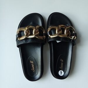 Saint G Kiera Black Leather Flat Slides Size 6,‎ Brand New